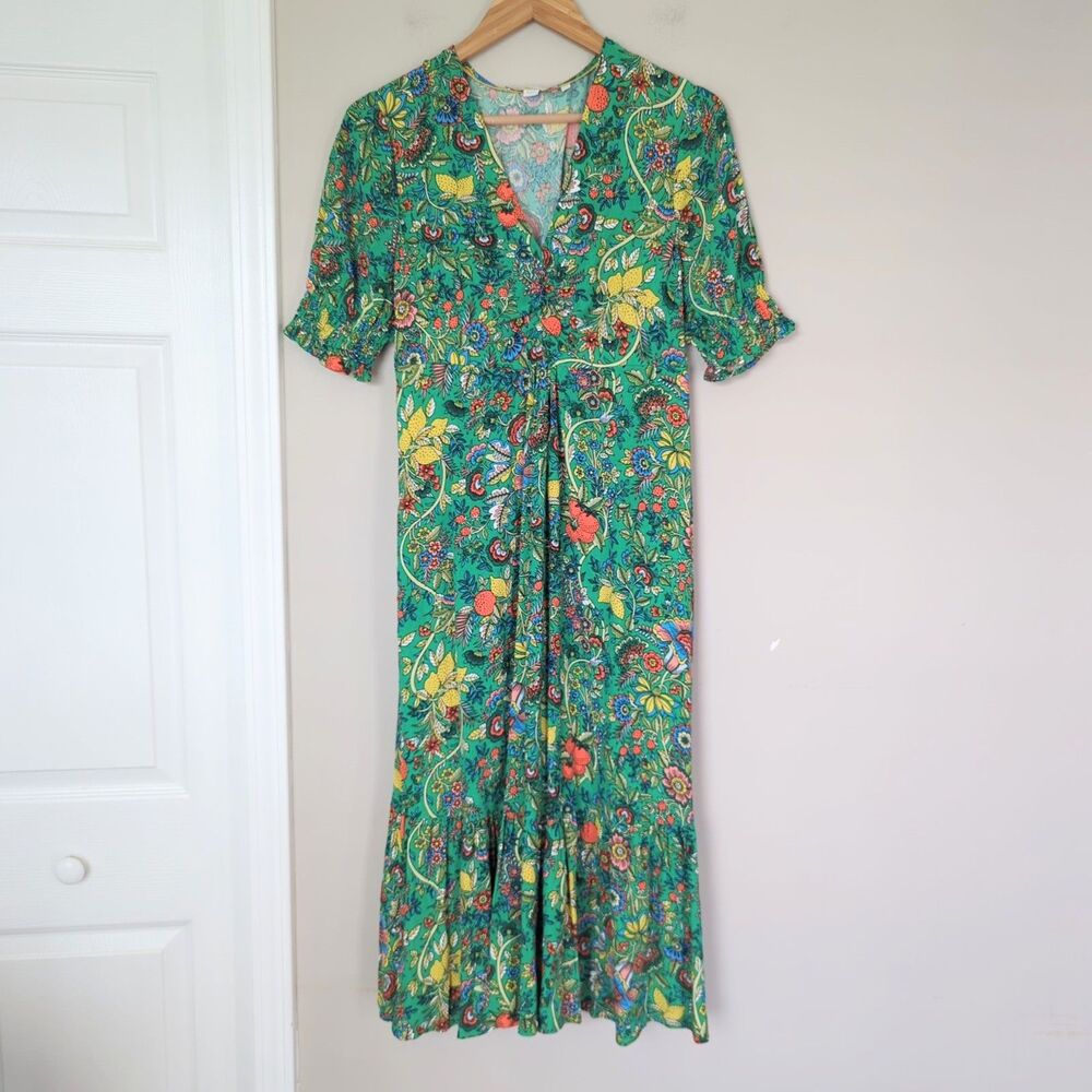 Boden Sienna Floral Fruit Print Green Midi Tea Dress Size 8 Garden Fairy Bright